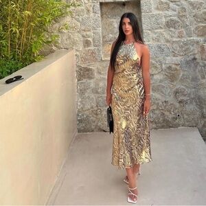 Zara Foil Animal Print Gold Metallic MIDI Dress NWT $70 Retail